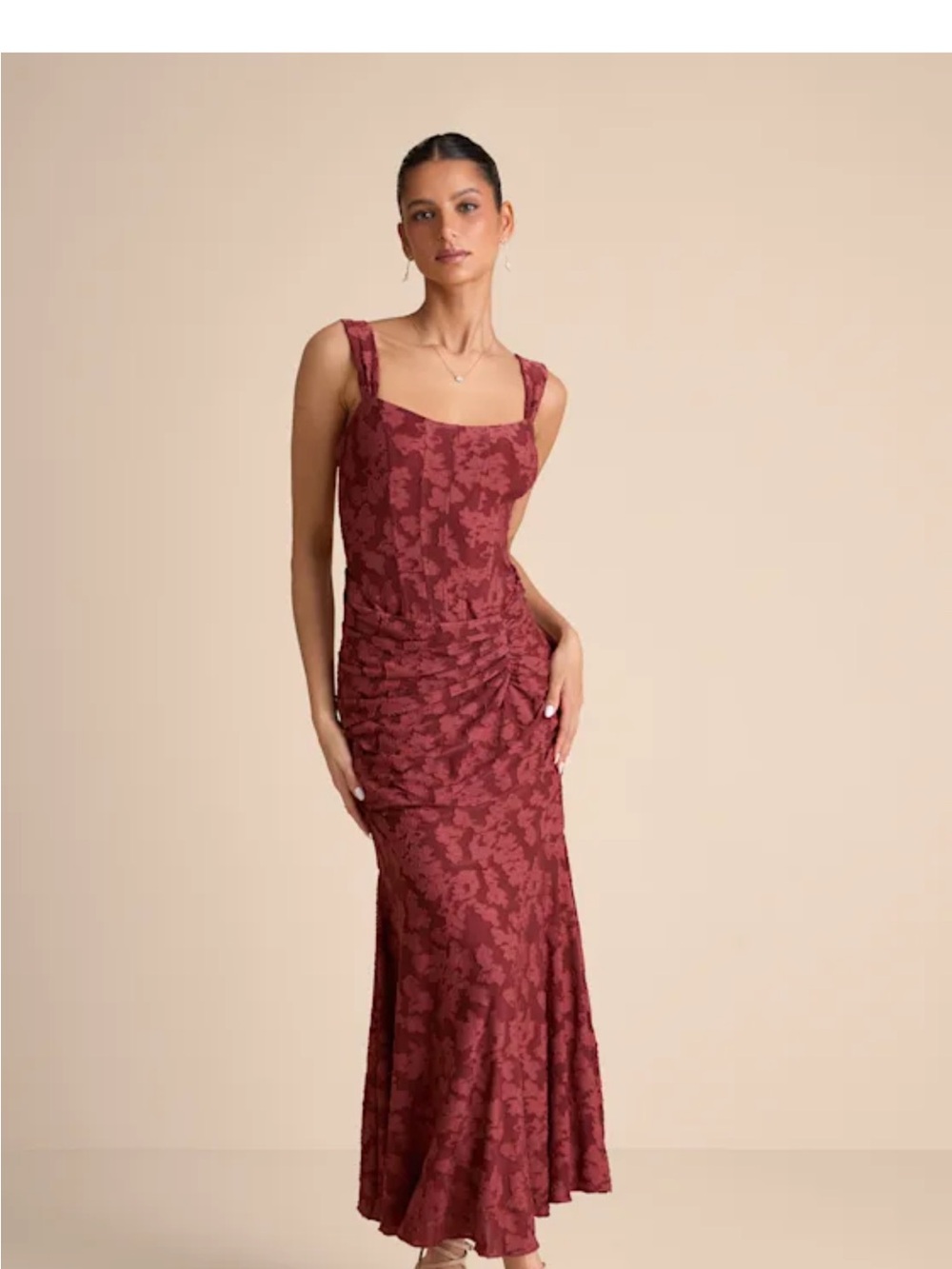Lulus Celeste Rust Red Floral Burnout Bustier Maxi Dress
